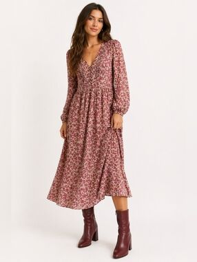 NWT Heartloom Burgundy And Grey Flowy Floral Spring Dress – Size S